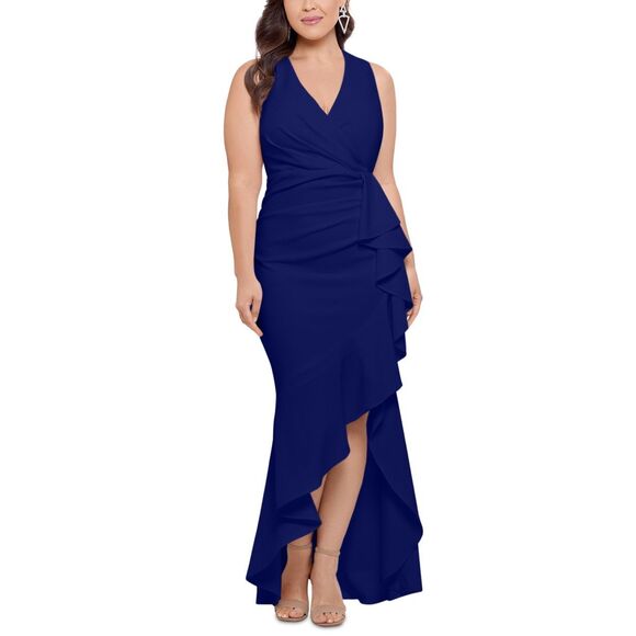 Betsy & Adam Plus Size Sleeveless Ruffled High-Low Gown - Marine Size 18W - Picture 1 of 4